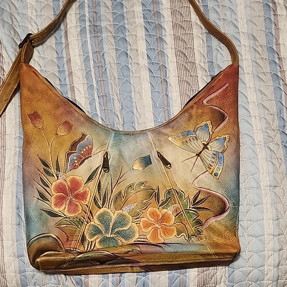 Floral Hand-Painted Leather Shoulder Bag